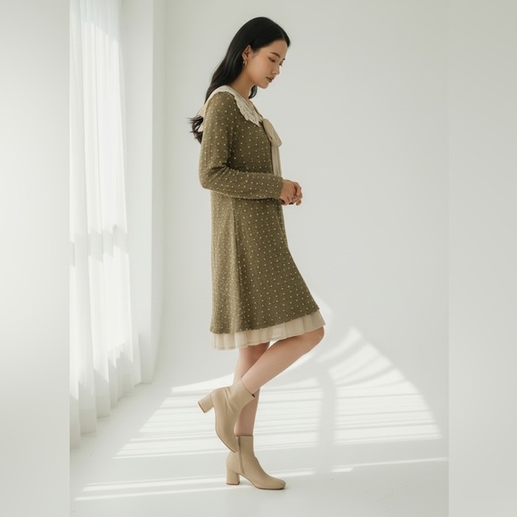 ANTHROPOLOGIE AREVE LACE POM DOT RUFFLE A-LINE SWEATER BROWN CREAM DRESS SIZE M - Picture 2 of 9